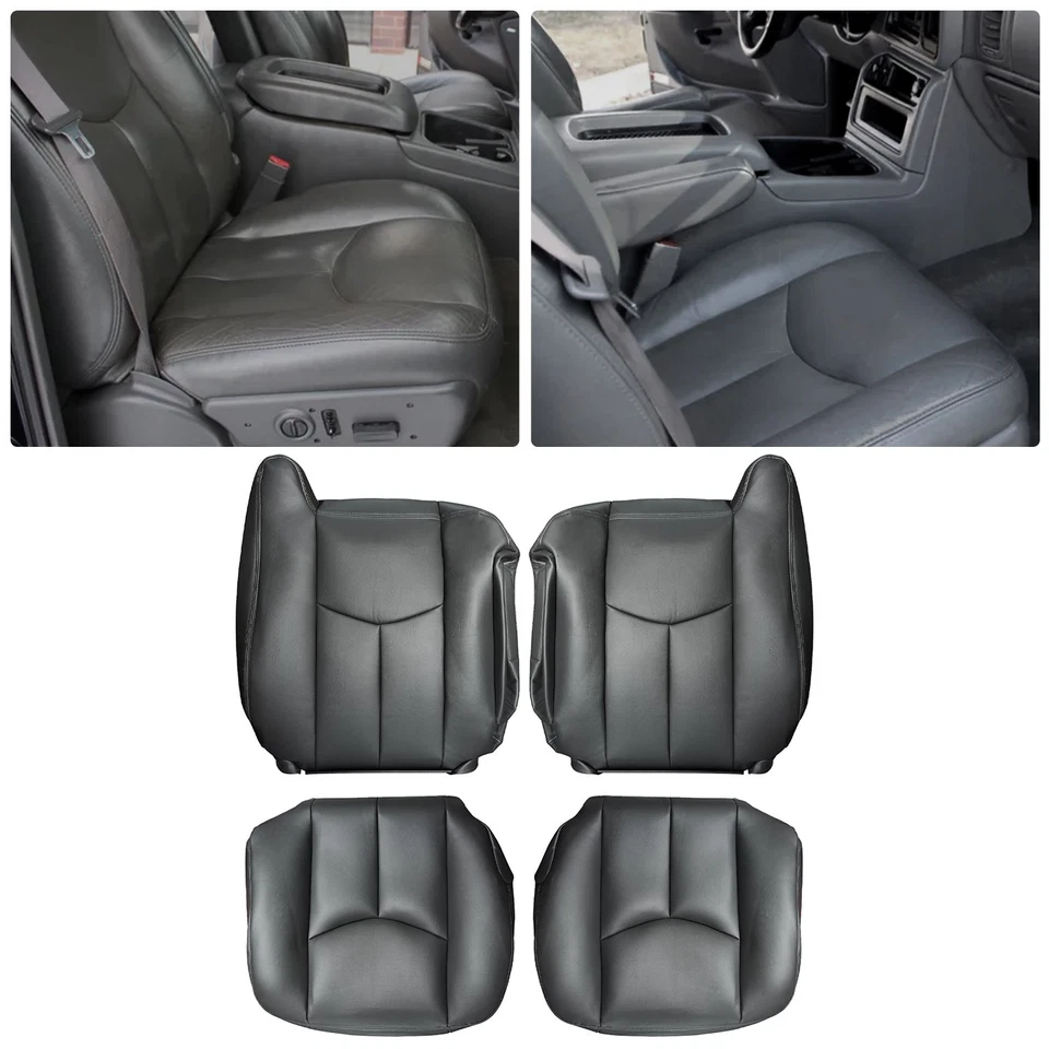 Cubierta de asiento delantera de cuero 4 piezas gris oscuro para GMC Sierra Chevy Silverado 2003-2006 Foto 3 de 4
