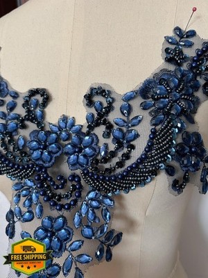 Succi Shan Blue Lace Flower Pearl Patches, Sew-on Rhinestone Appliques