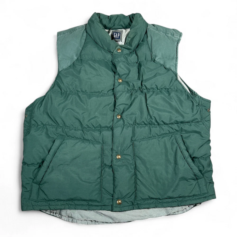 Vintage Gap Vest Adult LARGE Green Gray Down Puffer Quilted Hooded Outdoor 90s