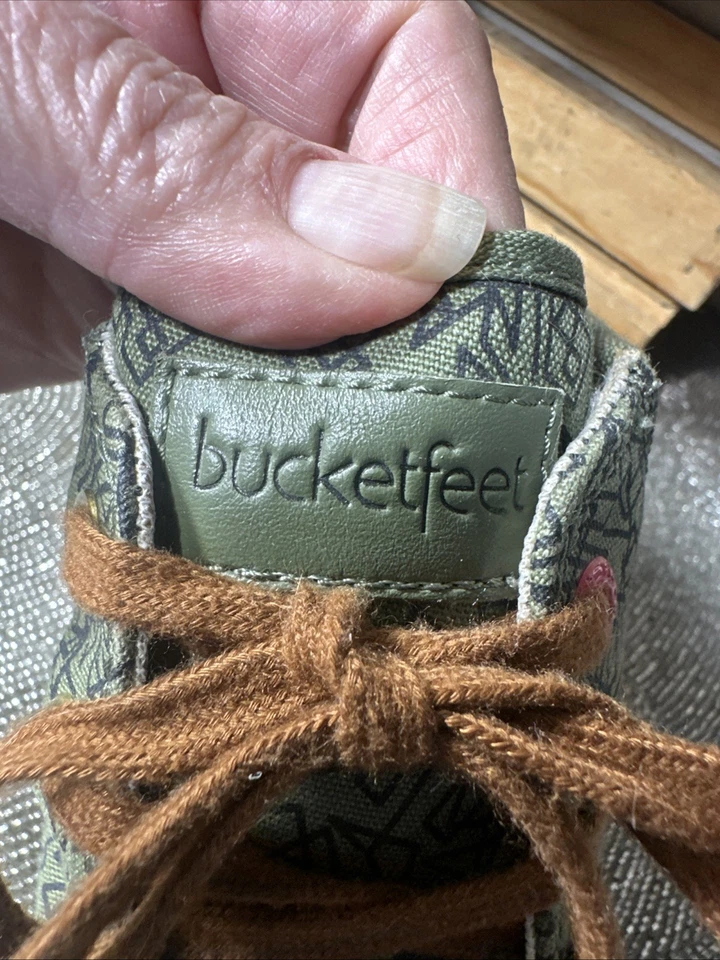 BucketFeet FireStein Khaki Green Leather Print Canvas Mid-Top Sneakers 13/46 EUC - Image 2 of 4
