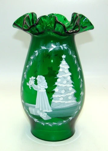 Fenton Mary Gregory Green Christmas Hurricane Lamp Shade