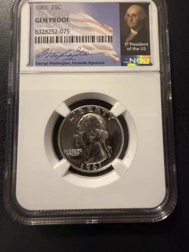 1964 Washington Quarter - 90% Silver - NGC Gem Proof - Facsimile Signature Label