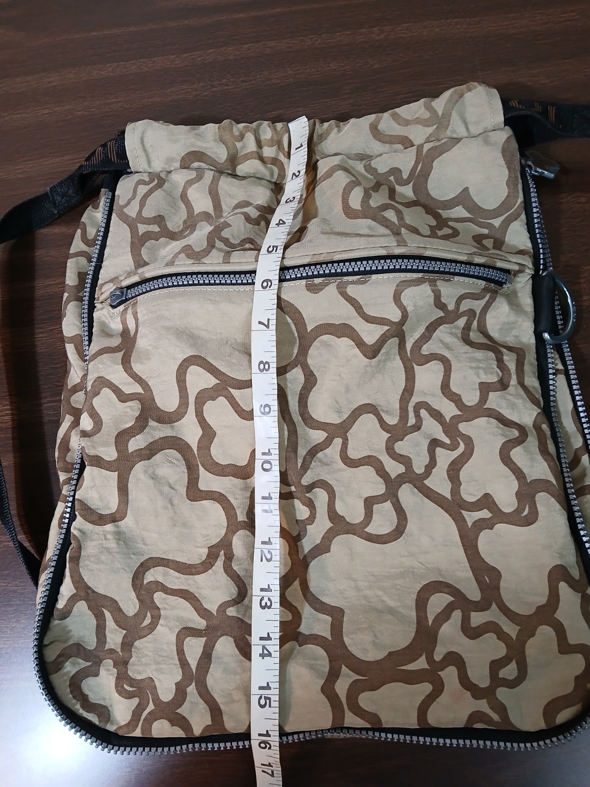 TOUS Drawstring Backpack Tan Brown Expandable Log… - image 10
