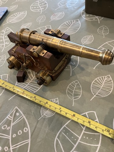 Hand Crafted Brass & Wood Table Top Desk Decorative Cannon