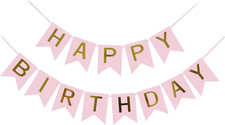 Pink Happy Birthday Banner - Large Gold Lettered Decor for Birthday Party, Reusa