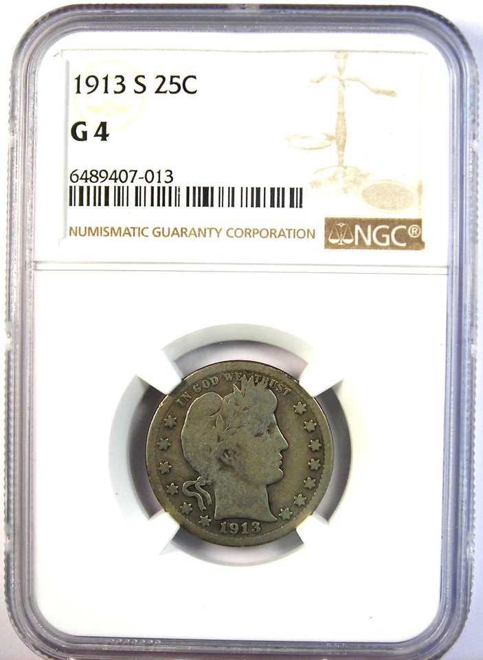 1913-S Barber Quarter 25C Coin - Certified G4 (Good) - Rare Key Date! - Image 2 of 4