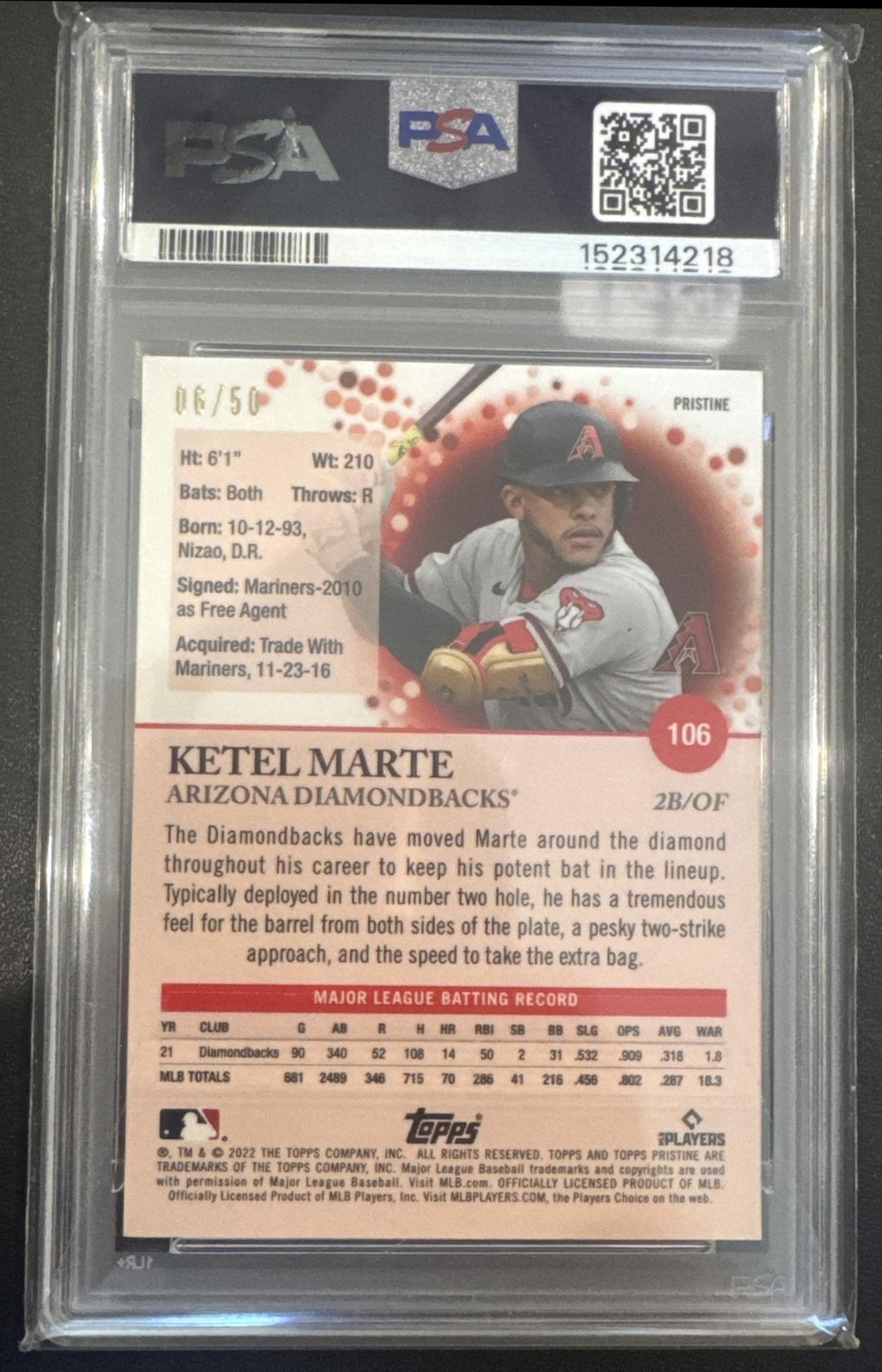 2022 Topps Pristine Ketel Marte Gold Refractor 6/50 Diamondbacks PSA 10 POP 1 view 2