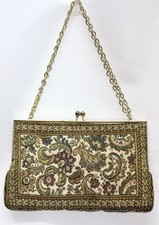 Vintage 1960s Tapestry Frame Bag Purse with Kiss Lock and Gold Metal Chain Strap