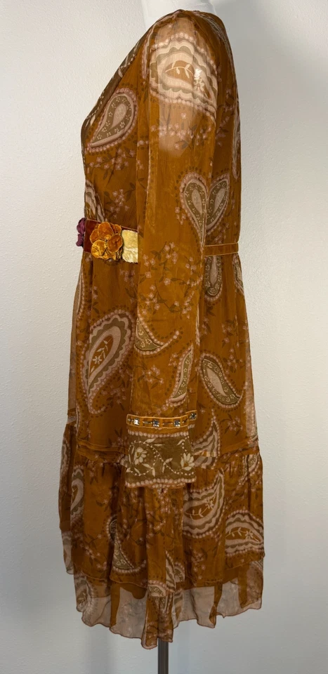 Blugirl Blumarine Silk Paisley Boho Luxe Dress Long Sleeve Brown Italy Sz 44 Y2K - Image 4 of 4