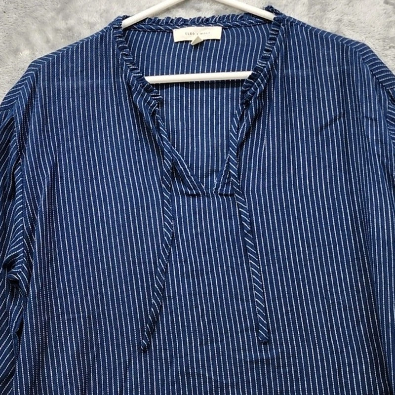 Cleo + Wolf Top Womens M Blue White Striped Long Sleeve Peasant Tie Neck Popover - Image 2 of 4