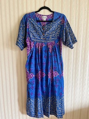 90s Indian Cotton Caftan Dress In Blue Purple and Gold! Made by Sante