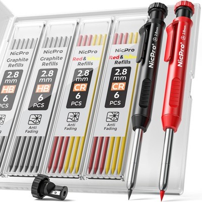 Nicpro Carpenter Pencil with Sharpener, Mechanical Pencils Set with 26 Refills,