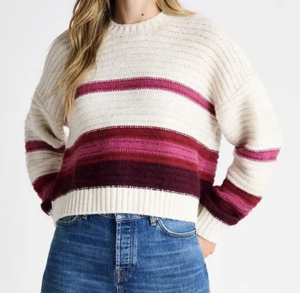 SPLENDID Jada Crop Striped Sweater Cream Mauve Purple Knit Pullover (L) NWOT