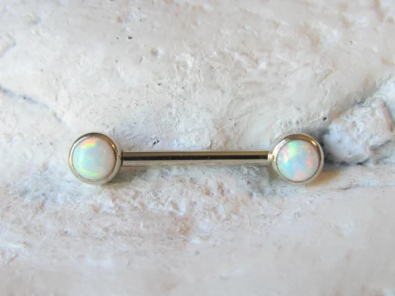 14k White Gold Plated Simulated Opal Nipple Barbell Set - Image 4 of 4