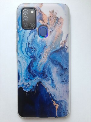 Motiv Handyhülle Samsung Galaxy A21s -Blau Gold Transparent- Silikon/TPU
