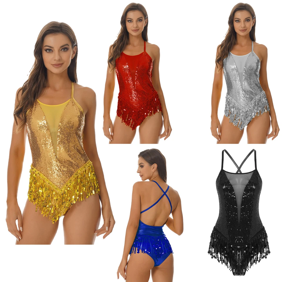 IIXPIN Women's Girl Shiny Sequins Leotard One Piece Tassel Bodysuit Latin Jazz Dance UK