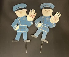 Vintage Folk Art Painted Wood Policeman Lawn Art Keep Off -Pair-