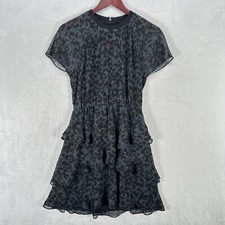 Madewell Dress Womens 2 Black Blue Leopard Tiered Ruffle Chiffon Flutter Sleeve