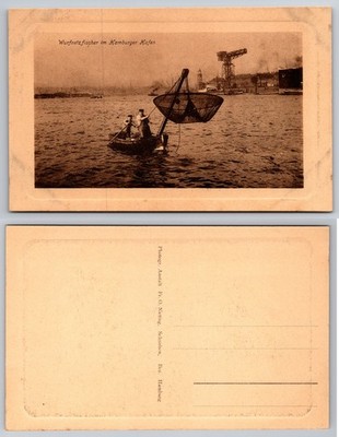 Wurfnetzfischer Im Hamburger Hafen Boat Harbor Postcard