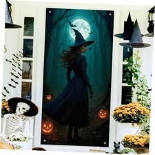 73 x 36 Inch Door Banner Spooky Forest Backdrop with Full Halloween Witch