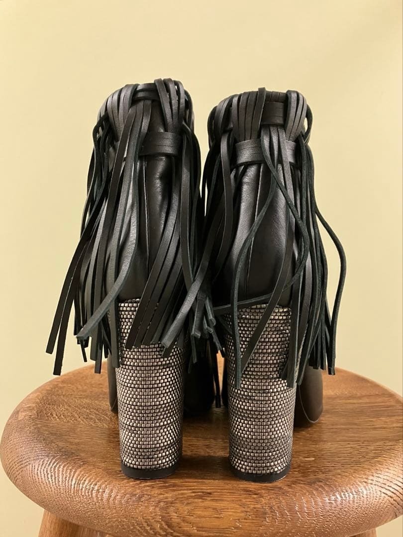 DIESEL BLACK GOLD Black Leather Fringe Chunky Heel Boots Sandals Size 37 Japan thumbnail 10