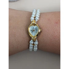 Vintage Brorgne Manual Gold Tone Heart Dial Faux Pearl Double Stranded Watch