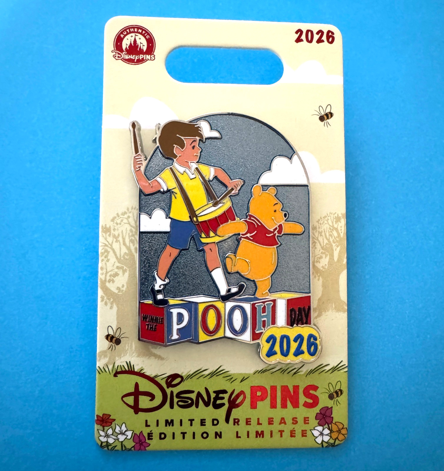 Disneyland Pooh Day 2026 Limited Release Pin Christopher Robin Drum Toy Blocks
