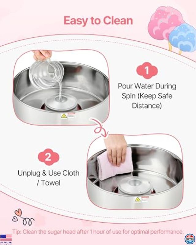 Commercial Cotton Candy Machine 1000W Electric Floss Maker with 15" Bowl Pink