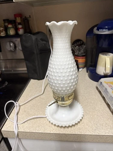 Vintage White Milk Glass Hobnail Electric Hurricane Lamp 13"