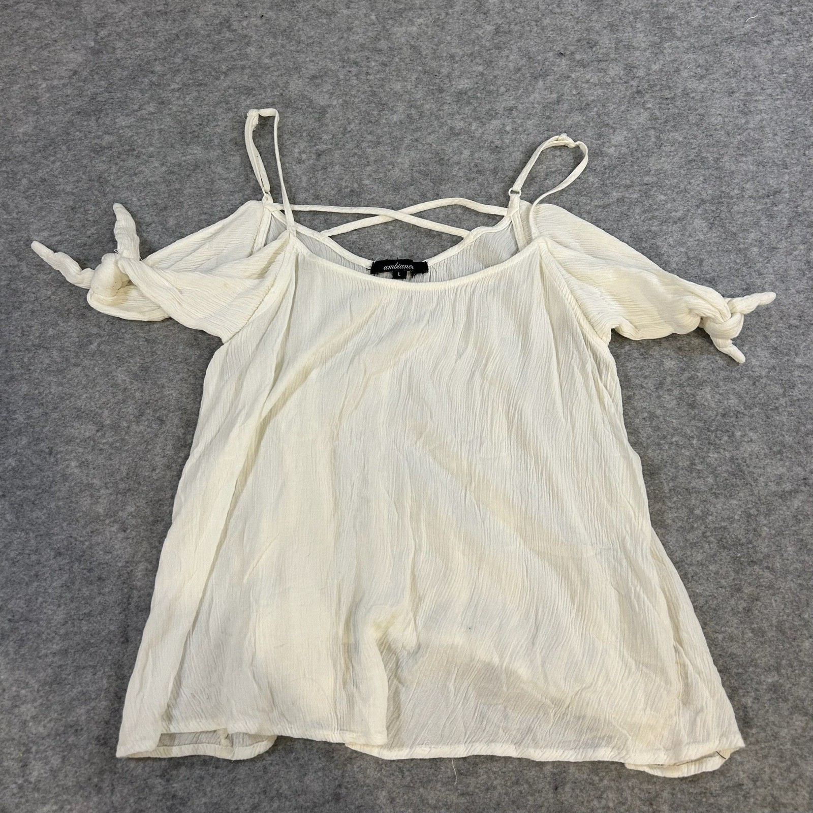 White Cold Shoulder Crinkle Tie Sleeve Boho Blouse Top Womens L