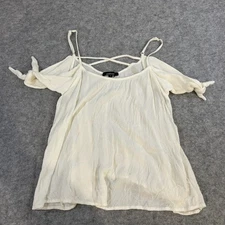 Ambiance White Cold Shoulder Crinkle Tie Sleeve Boho Blouse Top Womens L