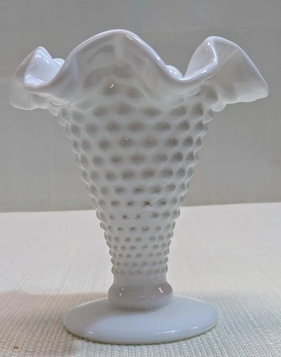 Fenton White Milk Glass Trumpet Vase With Ruffled Edge 4" H