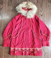 Vintage Inuit Parka Coat Womens Red Fur Trim Hood Traditional 60s 70s Corduroy