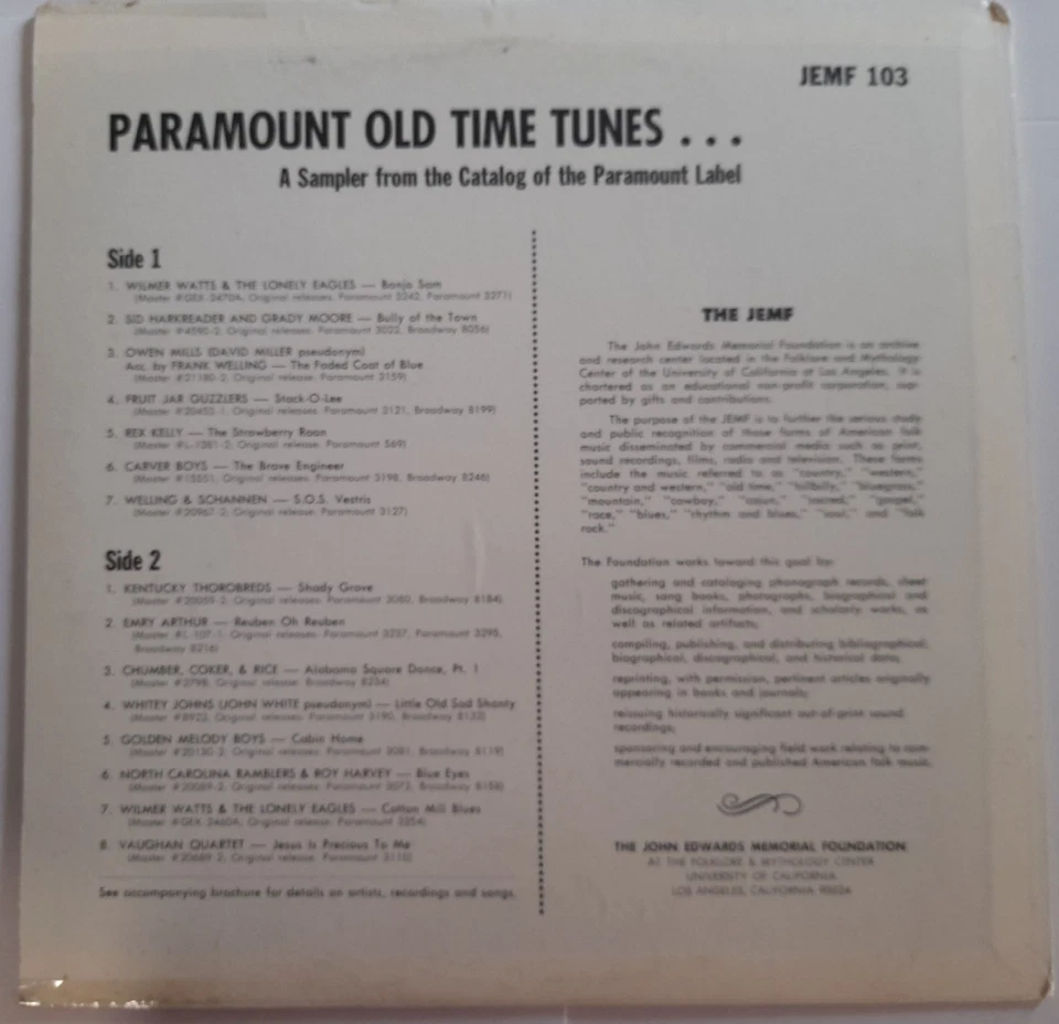 Paramount Old Time Tunes (JEMF 103) +34 Page 12" Booklet - US Vinyl Import - Image 2 of 4