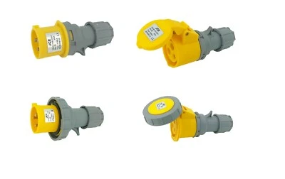 JCE 16A + 32A 110V Yellow 3 Pin Industrial Site Plugs Sockets Couplers IP67 IP44