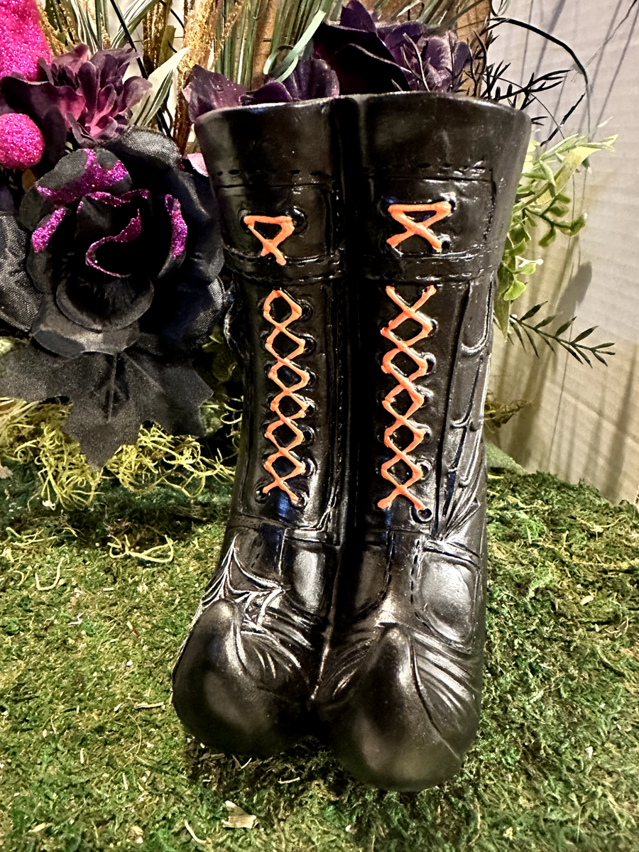 Black Witches Boots Shelf Sitter Witch Spider Web Halloween