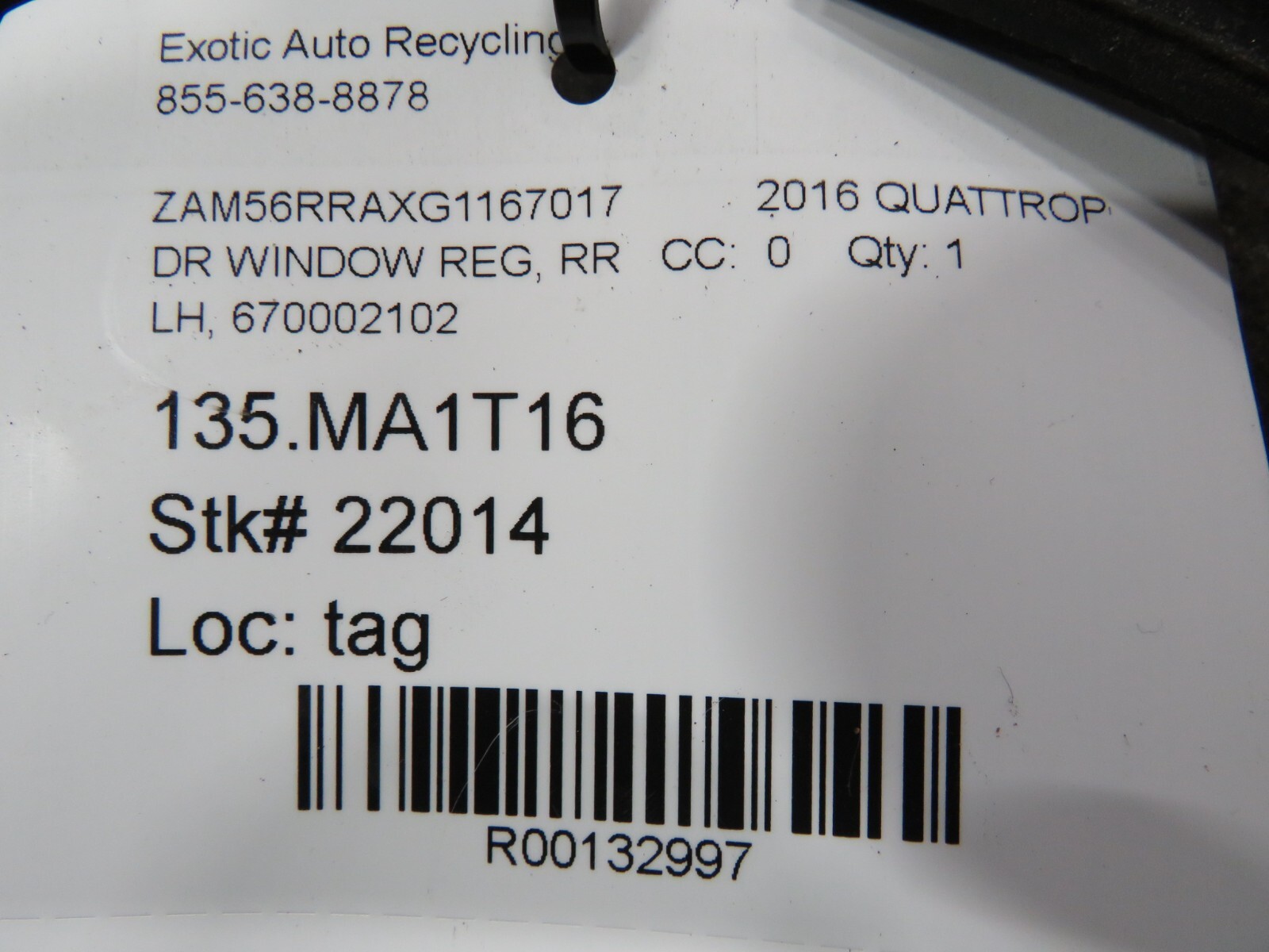 2016 Maserati Quattroporte, LH, Left Rear Window Regulator, Used, P/N 670002102