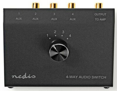 NEU METALL 4 PORT AUDIO SCHALTER MIT 3 PHONO + 1 x 3,5 mm