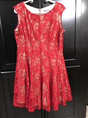 danny and nicole red lace dress Womens Danny & Nicole Red Lace Nude Lining Dress Size 8 Zipper Cap Sleeve