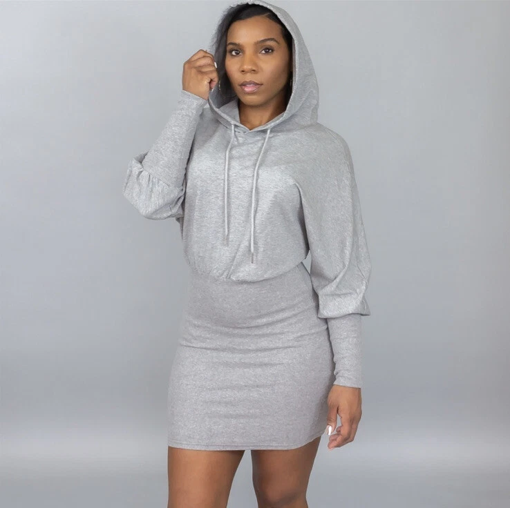 French Terry Ribbed Long Sleeve Dress W Hoodie Gray Size Large eBay