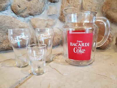 Vintage Bacardi Rum & Coke Glass Pitcher w/ 3 Coca Cola clear drinking glasses