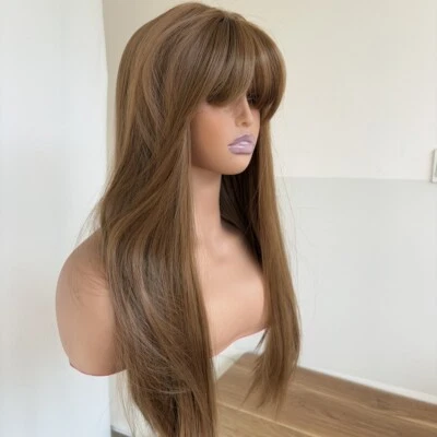MISSWEN Long Straight Cosplay Party Wigs With Fringe Synthetic Hair Heat Resistant Brown