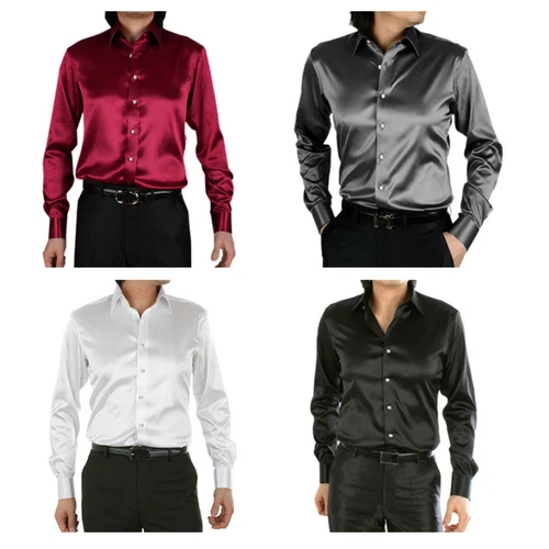Camicia elegante uomo raso seta manica lunga slim business formale casual top classico - Foto 2 di 25