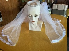 Vintage Pearl Beaded Bridal Veil Crown Headpiece White Tulle Satin Trim