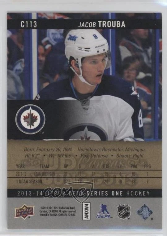 2013-14 Upper Deck UD Canvas Young Guns Jacob Trouba #C113 Rookie RC - Image 2 of 2