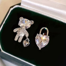 2pcs Set, Asymmetrical Heart and Bear w Heart Stud Earrings