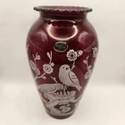 Vintage Anchor Hocking Royal Ruby Vase – White Painted Birds, Scalloped Rim, 9"