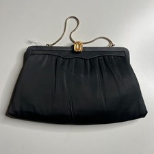 50s 60s Vintage After Five Black Satin Evening Clutch Bag Gold Chain Made in USA