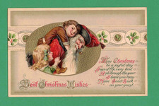 1914 WINSCH CHRISTMAS POSTCARD SANTA PIPE CHILDREN HOLLY