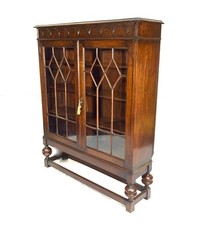 Antique 1930s Oak Wooden Display Bookcase Cabinet with Glazed Doors Sideboard